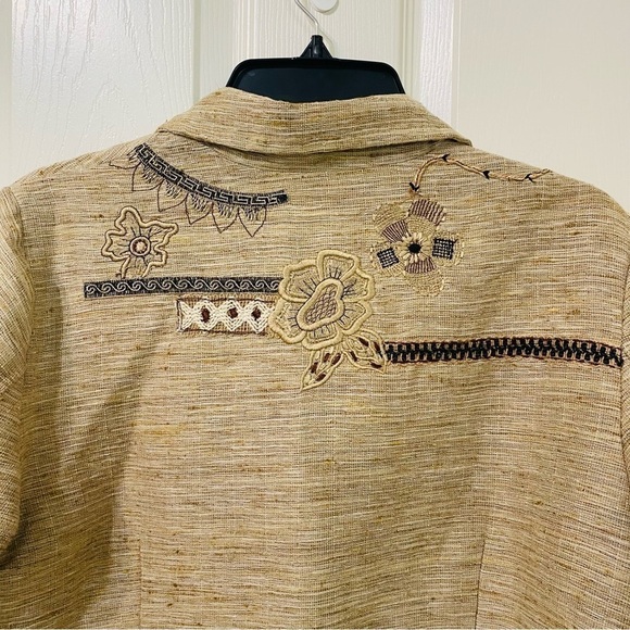 Coldwater Creek Size PM Linen Embroidered Floral Tan Button Up Lined Jacket - Picture 5 of 9